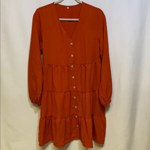 Orange Tiered Button Down Long Sleeve Dress